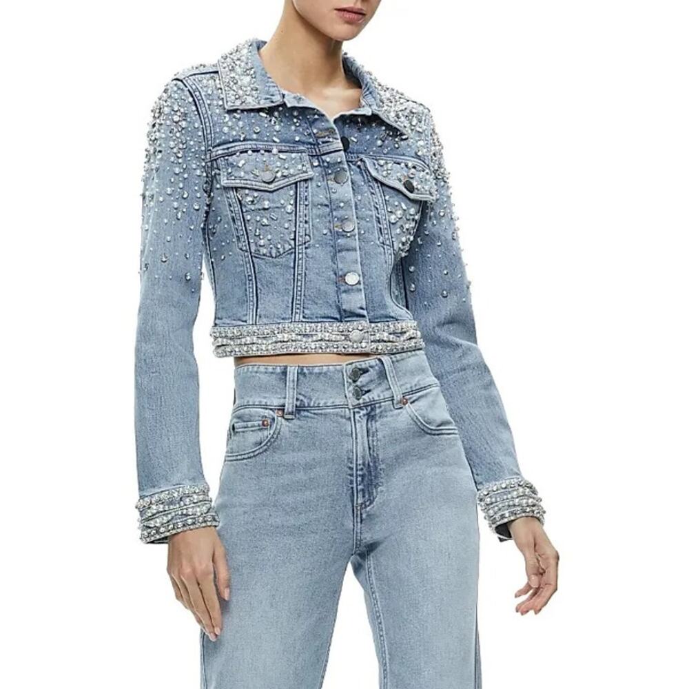 Alice + Olivia Nelson Embellished Cropped Denim Jeans Jacket Size S